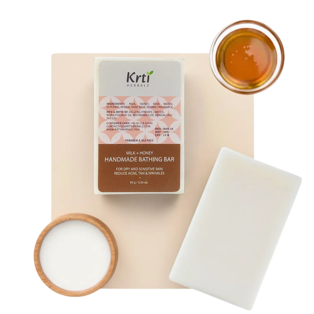 Benefits of Krti Herbals Milk & Honey Handmade Bathing Bar for sensitive skin, skin clarity and moisturising skin 