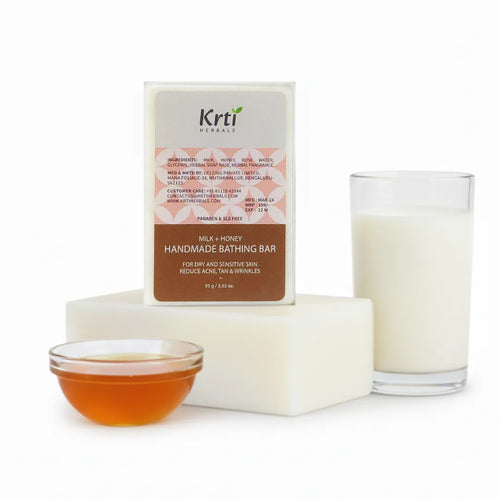 Front view of Krti Herbals Milk & Honey Handmade Bathing Bar showing packaging and label clearly