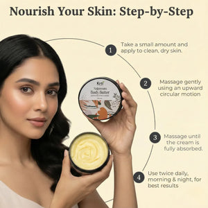 Instructions on how to use Krti Nalpamara Body Butter for Even Skin Tone & Deep Nourishment On for best results