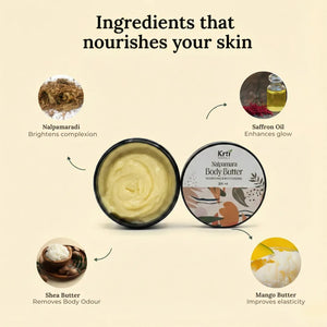 Natural Ingredients used in Nalpamara Body Butter such as Nalpamaradi Oil, Saffron Oil, Shea Butter, Mango Butter
