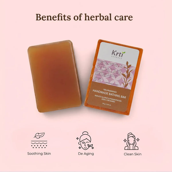 Benefits of Krti Herbals Nalpamara Handmade Bathing Bar for Reduce Pigmentation, Skin Brightning and Tan removal