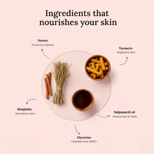 Natural ingredients used in Krti Herbals Nalpamara Handmade Bathing Bar such as Nalpamaradi Oil, Turmeric, Vetiver and  Manjistha