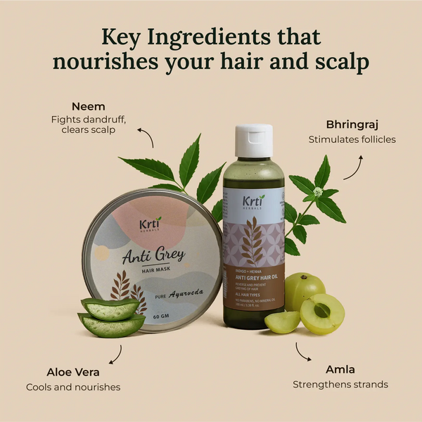Ayurvedic blend of Indigo, Henna, Aloe Vera, Bhringraj, and Amla – shown with Anti Grey Oil and Mask pack