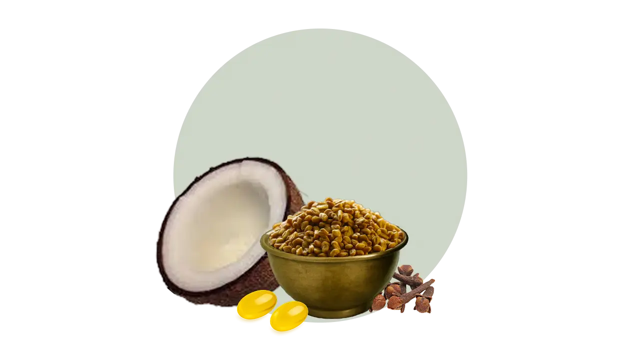 Coconut Oil, Vitamin E, Fenugreek, Clove – nourish hair, boost texture, and improve follicle health