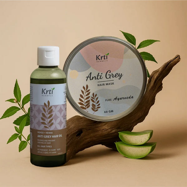 Anti Grey Hair Oil and Herbal Mask combo – with ingredients like Indigo, Henna, Aloe Vera, and Amla for natural color revival