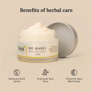 Benefits of Krti Herbals No Marks Cream for reducing dark spots, even skin tone, and promoting a natural glow