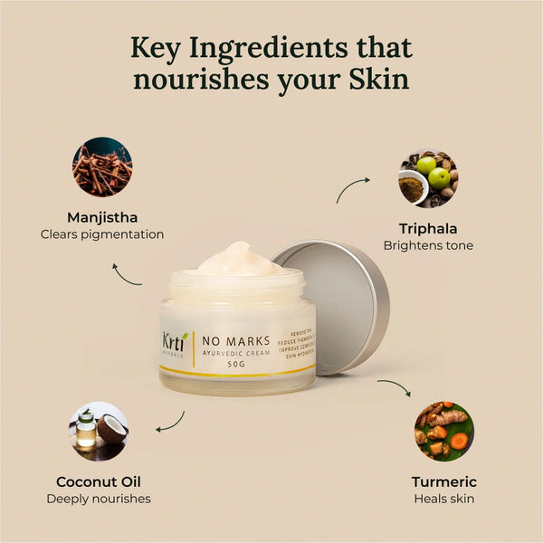 Natural ingredients used in Krti Herbals No Marks Cream such as manjistha, triphala, and thikta