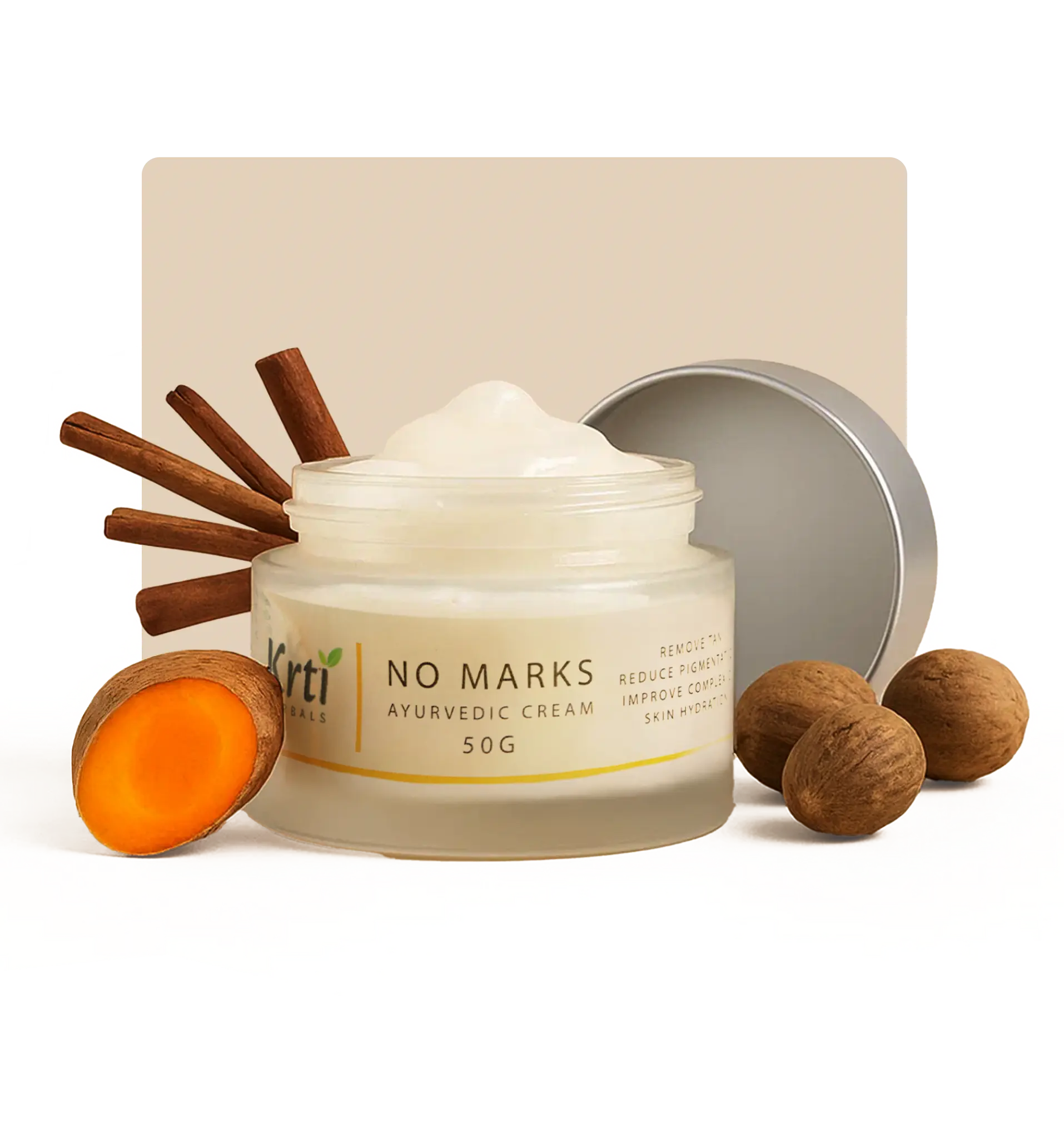 Ingredients used in Krti Herbals No Marks Cream, featuring Manjistha, Triphala, Thikta, Vayambu, Devadara, and Turmeric