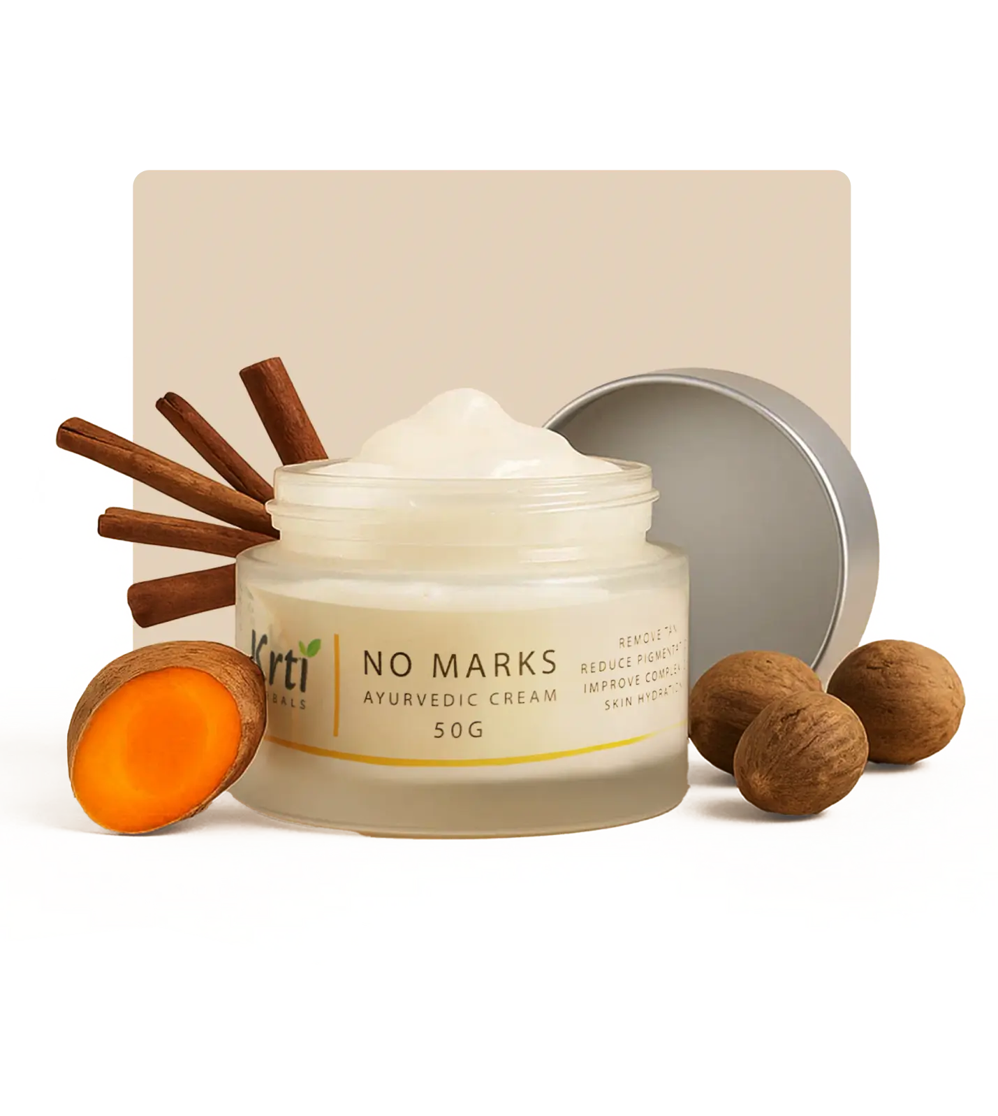 Ingredients used in Krti Herbals No Marks Cream, featuring Manjistha, Triphala, Thikta, Vayambu, Devadara, and Turmeric