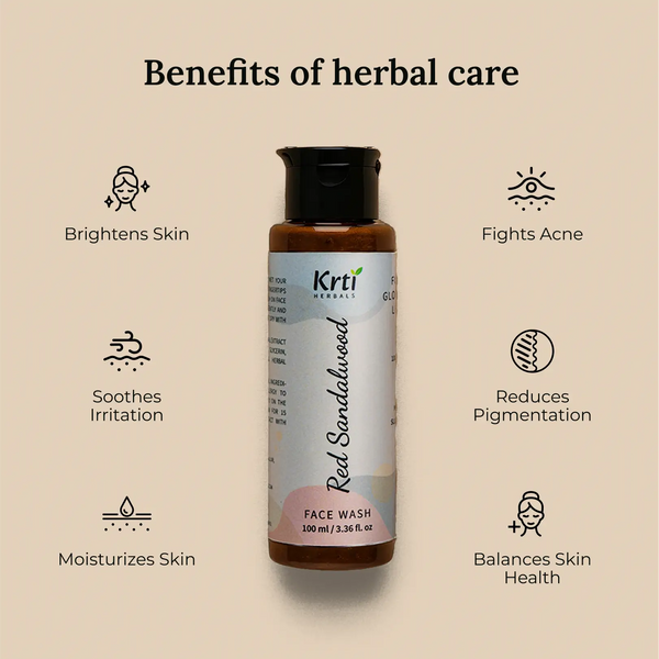 Benefits of Krti Herbals Red Sandalwood Face Wash for brightening skin, reducing acne, and soothing sensitive skin