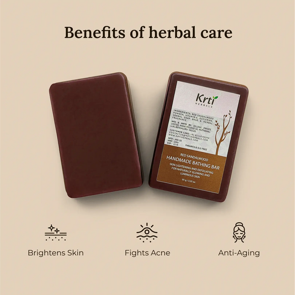 Benefits of Krti Herbals Red Sandalwood Handmade Bathing Bar for brightening skin, improving complexion, and moisturizing the skin