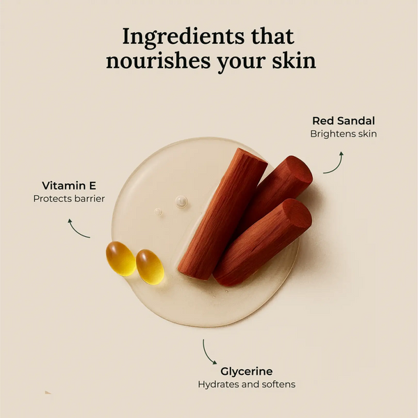 Natural ingredients used in Krti Herbals Red Sandalwood Handmade Bathing Bar such as Red Sandalwood, Glycerine, and Herbal Fragrance