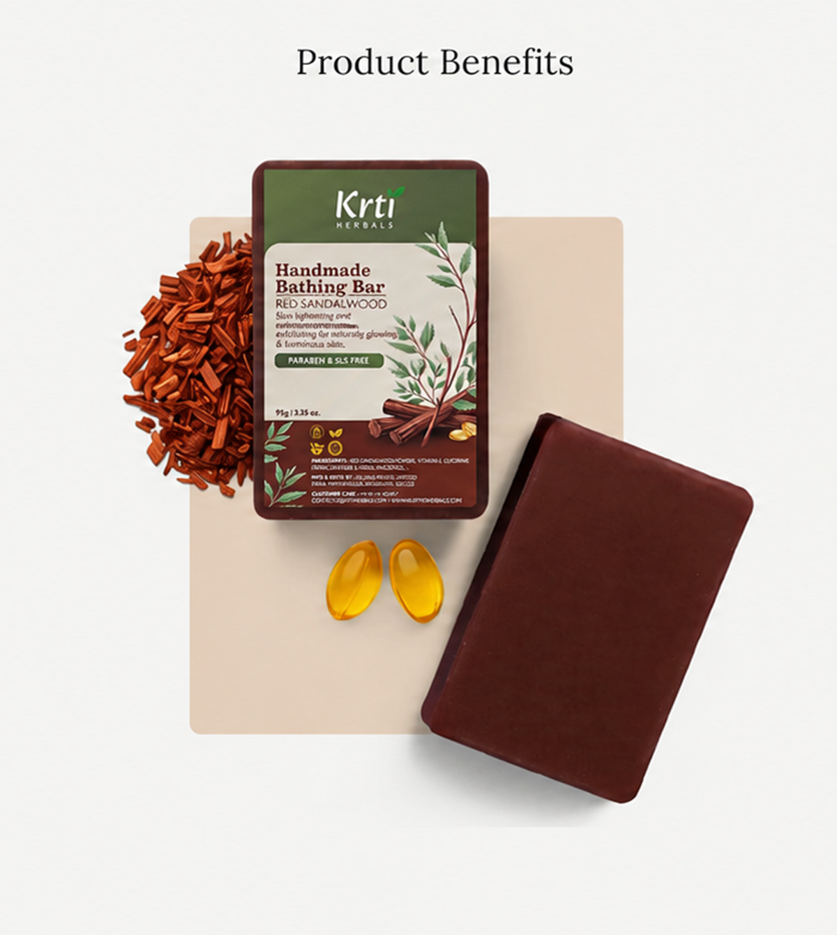 Benefits of Krti Herbals Red Sandalwood Handmade Bathing Bar, including brightening complexion, moisturizing skin, and soothing irritation