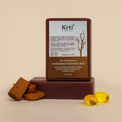 Front view of Krti Herbals Red Sandalwood Handmade Bathing Bar showing packaging and label clearly