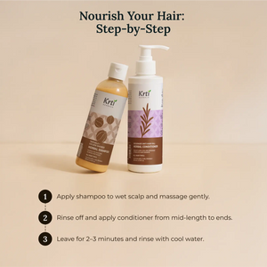 Step-by-step usage of Krti’s shampoo and conditioner – cleanse scalp and soften hair strands