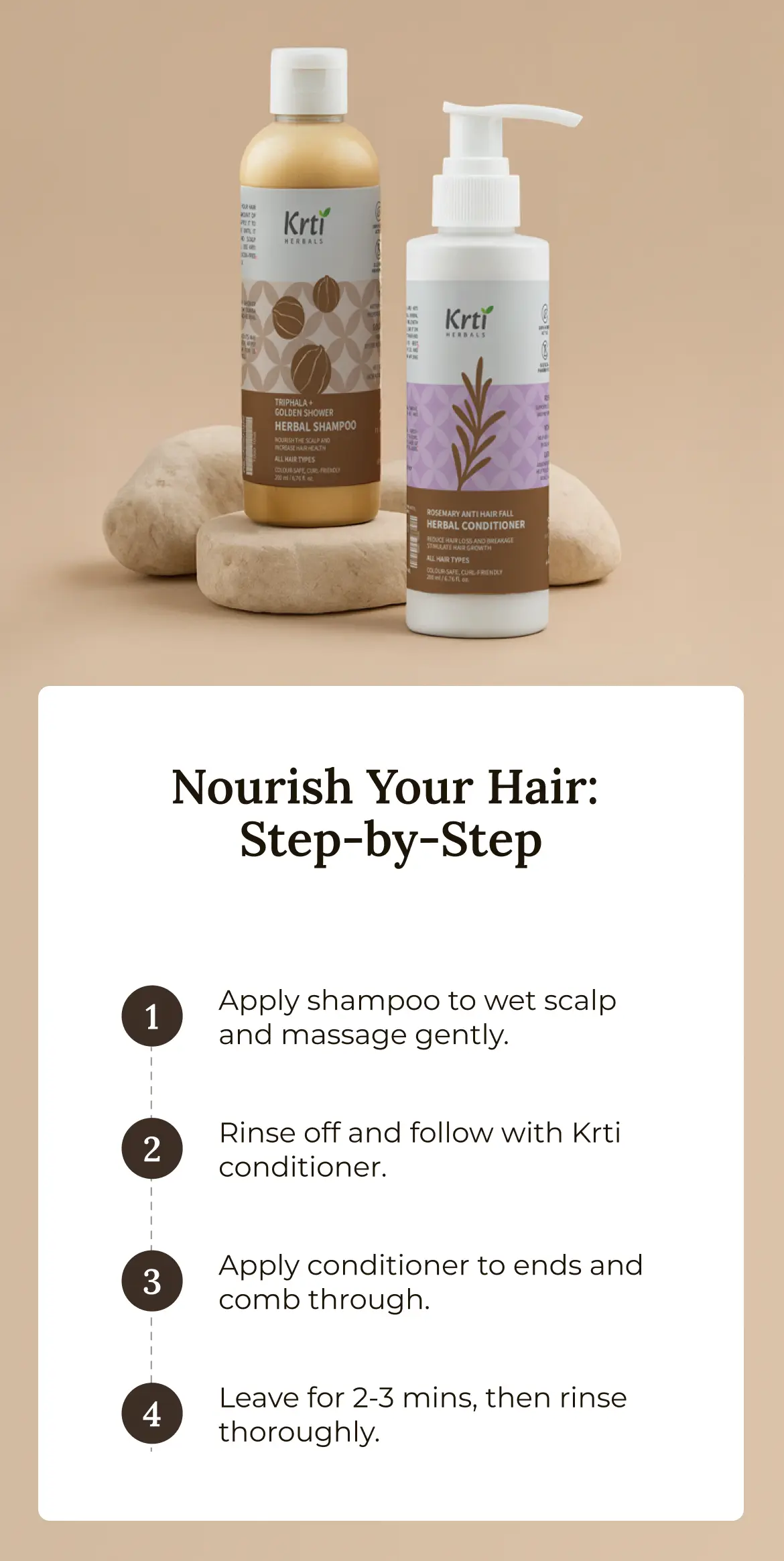 Step-by-step usage of Krti’s shampoo and conditioner – cleanse scalp and soften hair strands