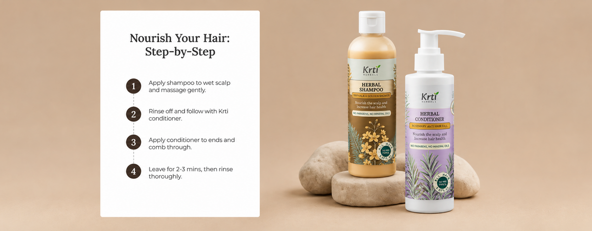 How to use Krti’s Shampoo and Conditioner combo – massage shampoo, rinse, apply conditioner mid-length to ends