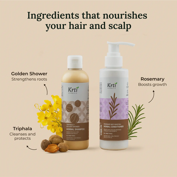 Ayurvedic ingredients in Krti’s shampoo and conditioner – Triphala, Golden Shower, Rosemary, Neem, and Castor Oil