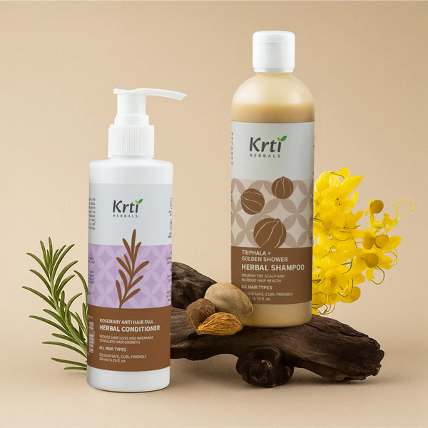 Krti’s Herbal Shampoo and Rosemary Conditioner combo pack with visible herbs like Triphala, Neem, and Rosemary