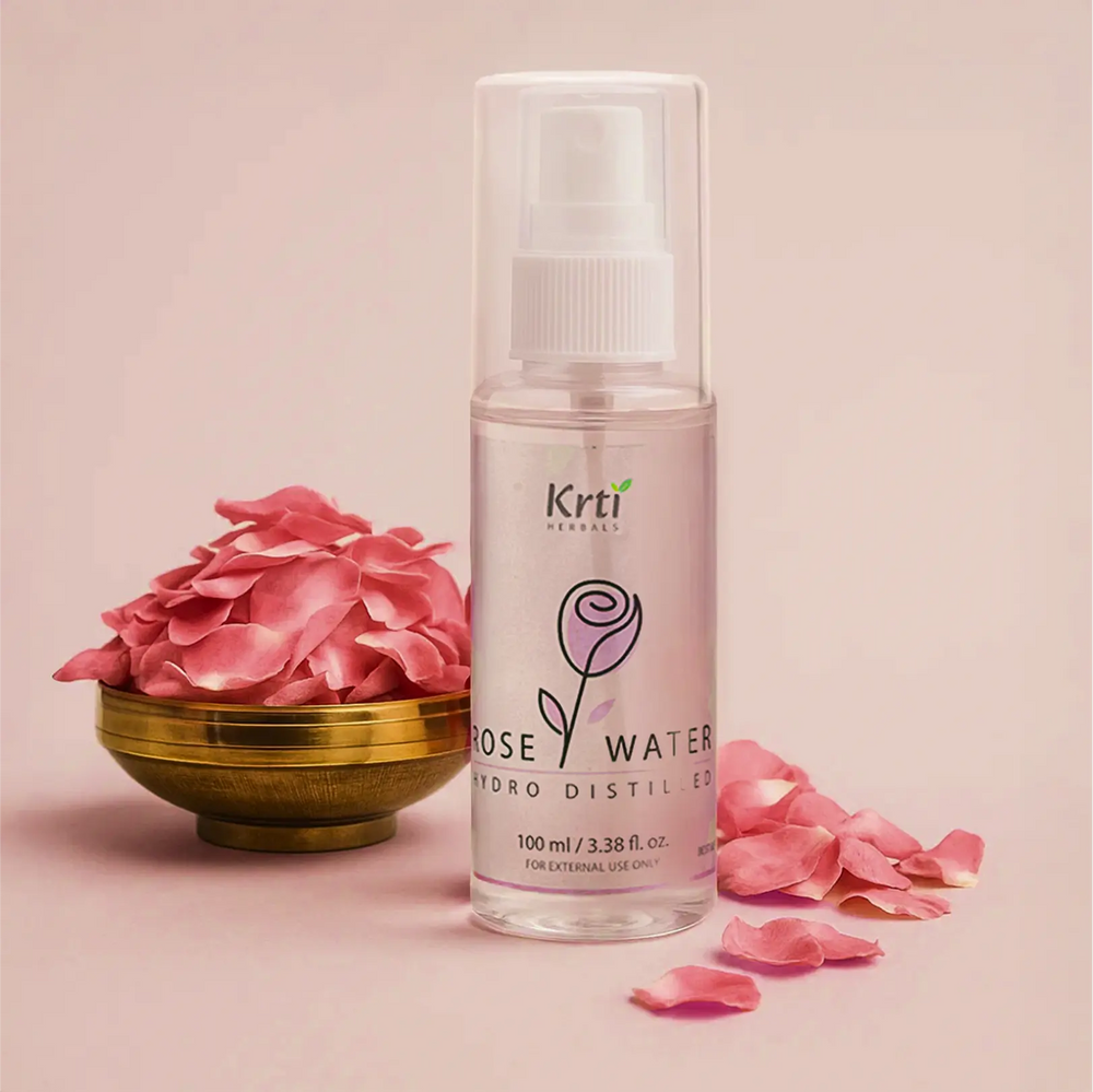 Front view of Krti Herbals Rose Water Toner bottle with rose petals – pure, alcohol-free skin hydrator