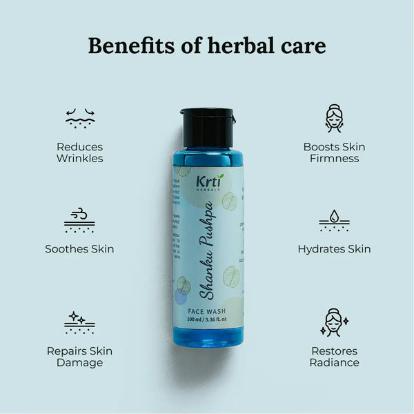 Benefits of Krti Herbals Shanku Pushpa Face Wash for anti-aging, soothing skin, and promoting a youthful glow