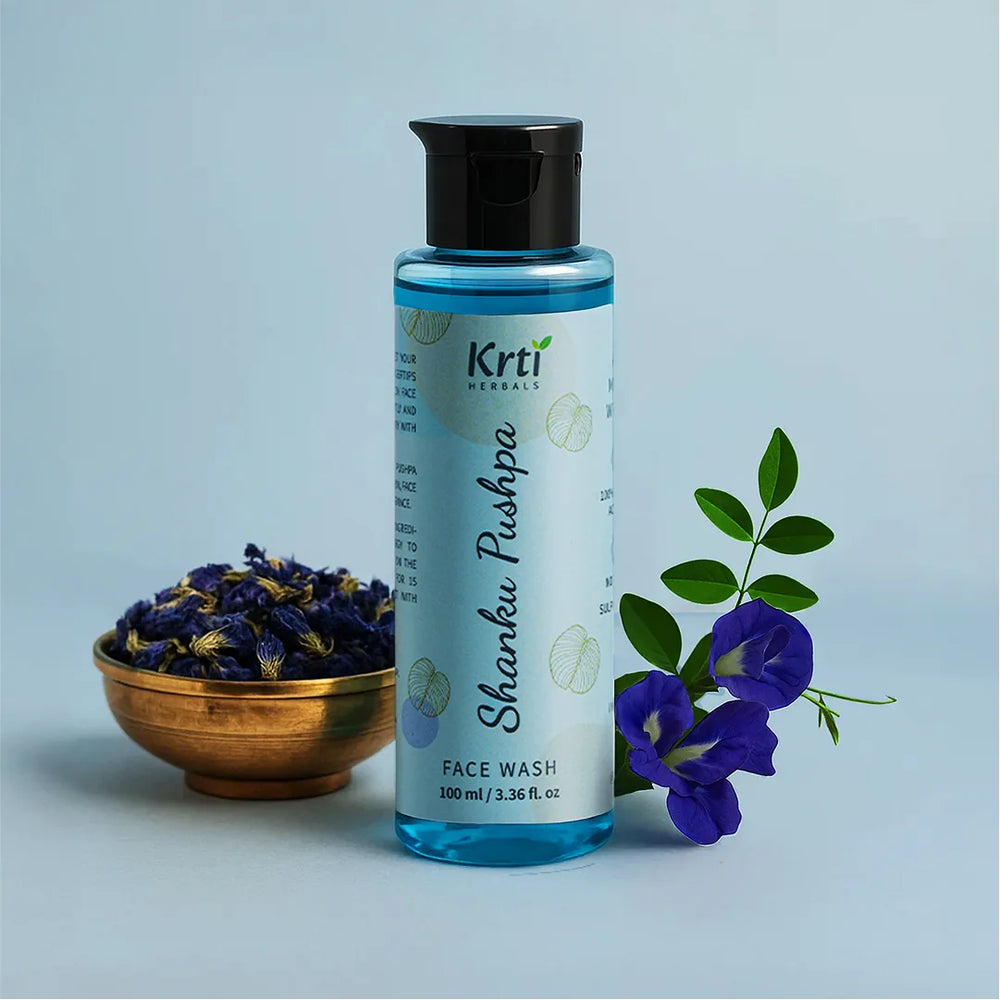 Front view of Krti Herbals Shanku Pushpa Face Wash showing packaging and label clearly