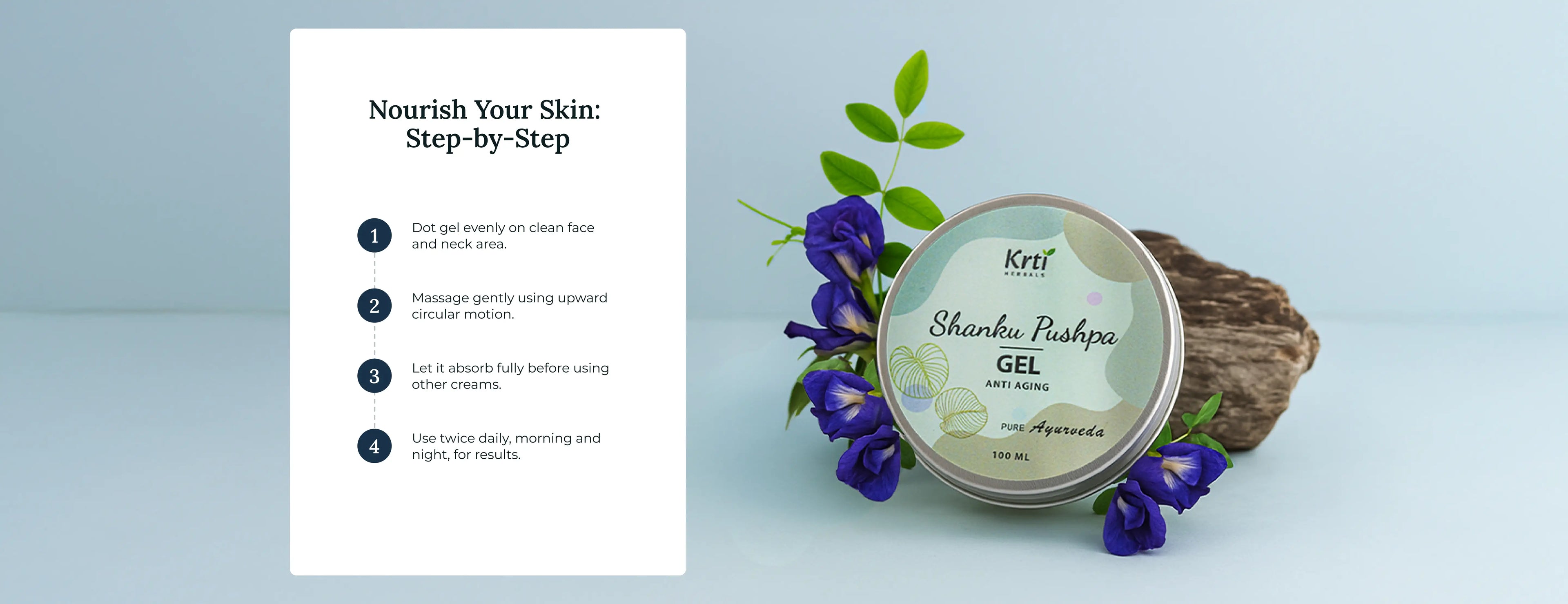 Step-by-step guide on using Krti Herbals Shanku Pushpa Gel for skin rejuvenation