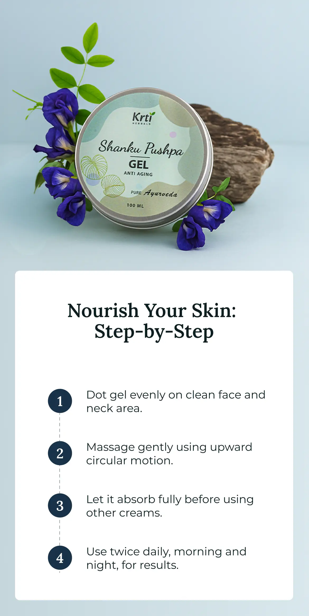 Step-by-step guide on using Krti Herbals Shanku Pushpa Gel for skin rejuvenation