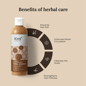 Benefits of Krti Herbals Triphala Herbal Shampoo for strengthening hair roots, promoting scalp health, and reducing hair fall