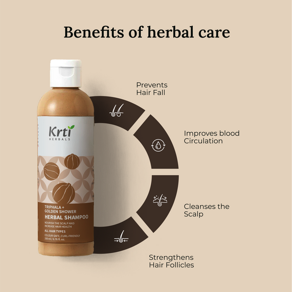 Benefits of Krti Herbals Triphala Herbal Shampoo for strengthening hair roots, promoting scalp health, and reducing hair fall