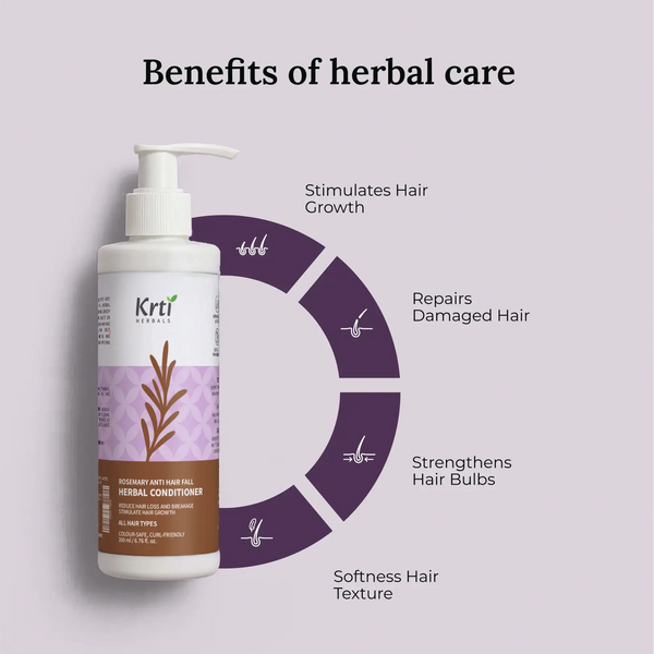 Benefits of Krti Herbals Rosemary Herbal Conditioner for hair texture improvement, hydration, and adding shine