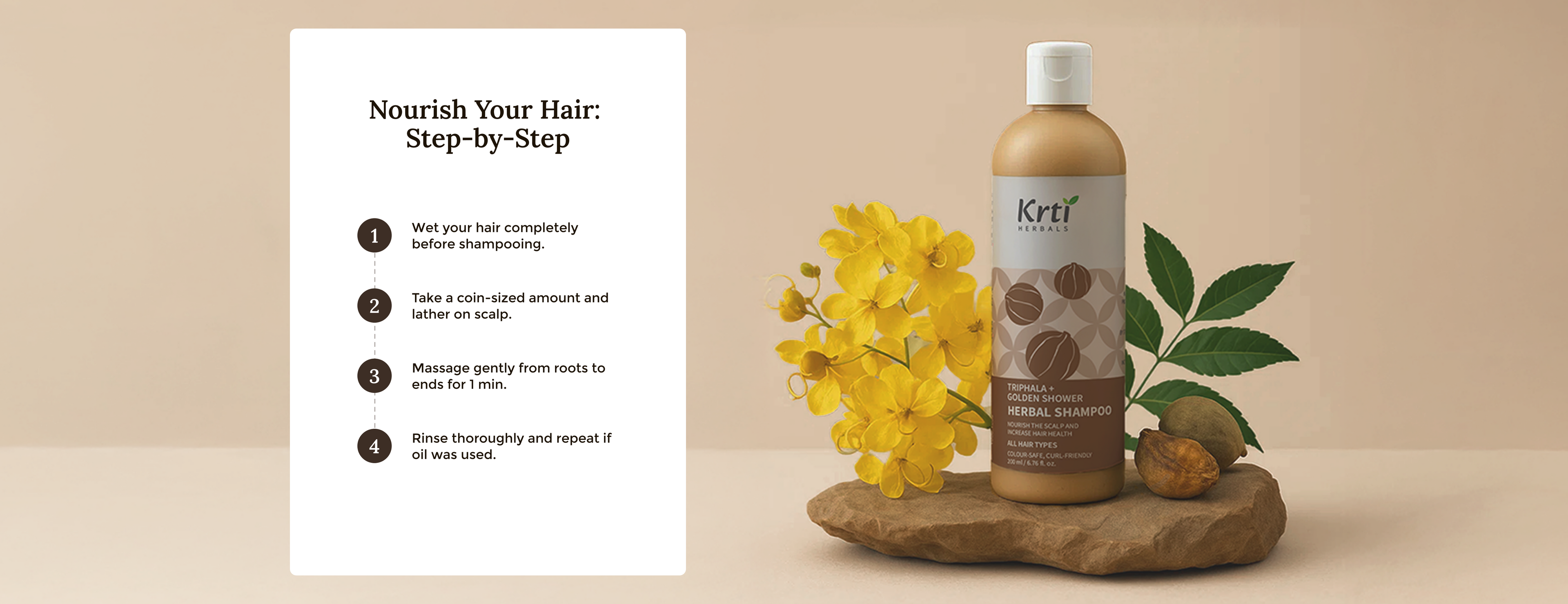 Instructions on how to use Krti Herbals Triphala Herbal Shampoo for the best results