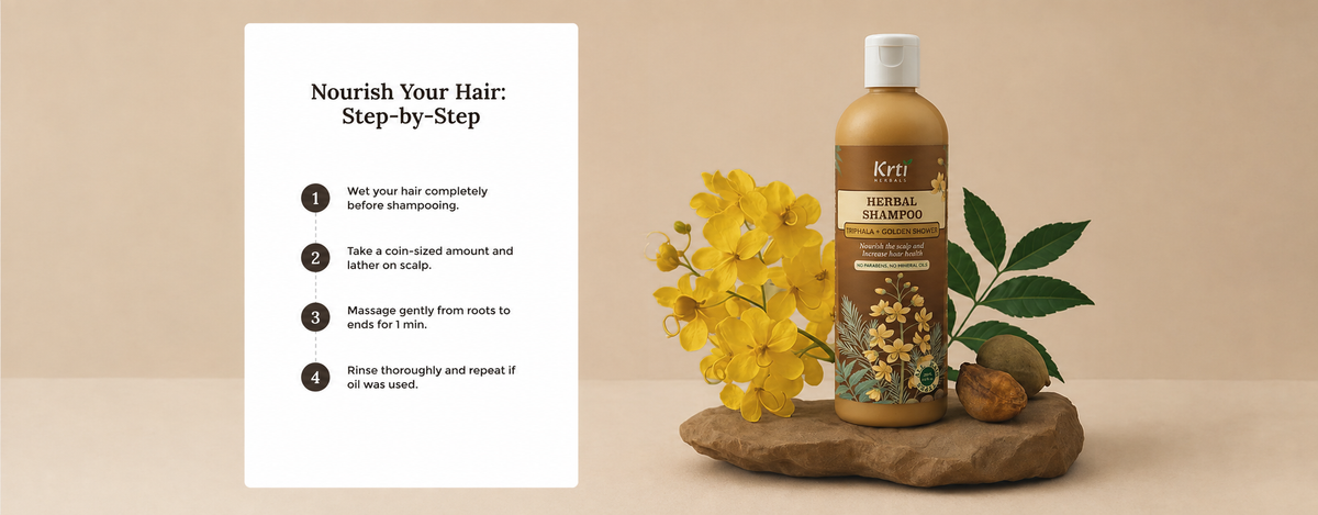 Benefits of Krti Herbals Triphala Herbal Shampoo for strengthening hair roots, promoting scalp health, and reducing hair fall