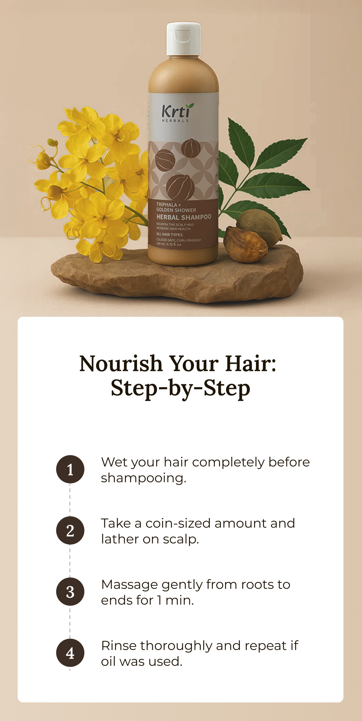Instructions on how to use Krti Herbals Triphala Herbal Shampoo for the best results