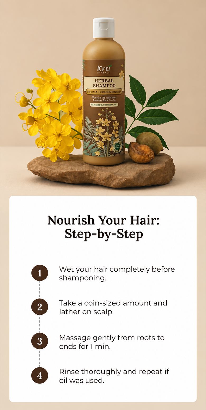 Benefits of Krti Herbals Triphala Herbal Shampoo for strengthening hair roots, promoting scalp health, and reducing hair fall