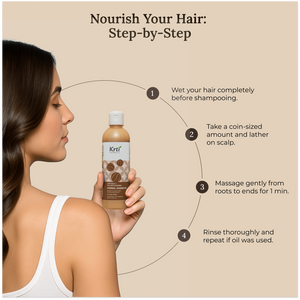 Instructions on how to use Krti Herbals Triphala Herbal Shampoo for the best results