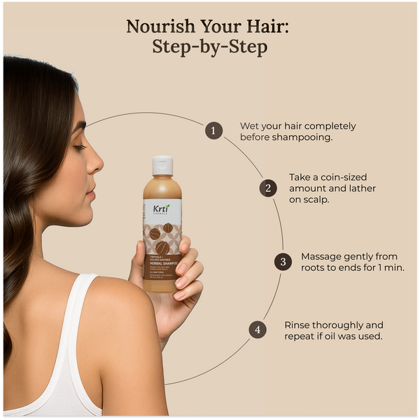 Instructions on how to use Krti Herbals Triphala Herbal Shampoo for the best results