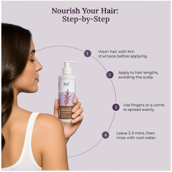 Instructions on how to apply Krti Herbals Rosemary Herbal Conditioner for best results