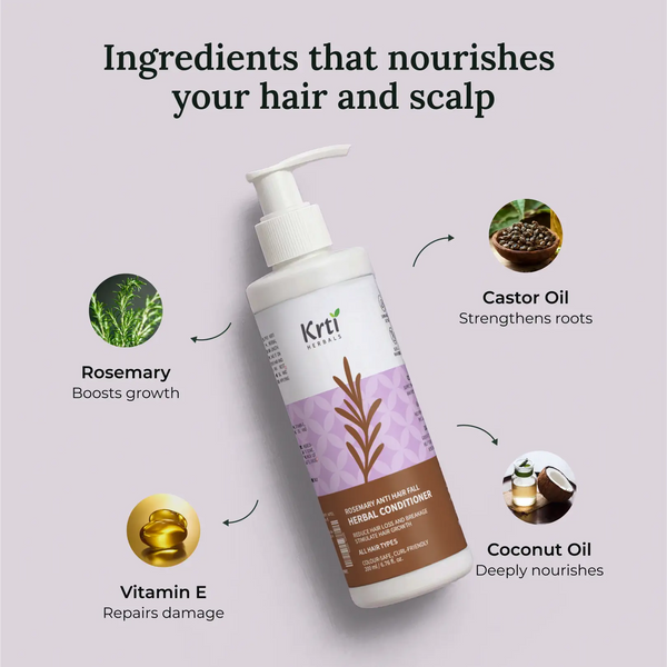 Natural ingredients used in Krti Herbals Rosemary Herbal Conditioner such as Rosemary, Vitamin E, and Castor Oil