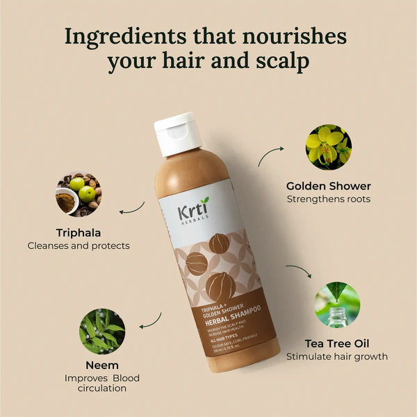 Natural ingredients used in Krti Herbals Triphala Herbal Shampoo such as Triphala, Golden Shower, Vitamin E, and Neem