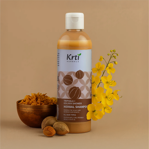 Front view of Krti Herbals Triphala Herbal Shampoo showing packaging and label clearly