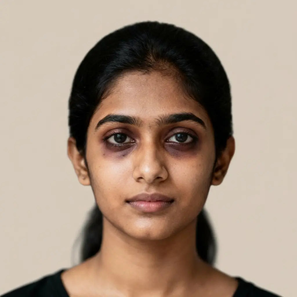 Before results of using Krti Herbals Under Eye Correcting Roll-On showing even skin tone and reduced dark spots