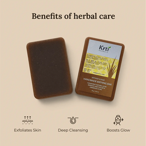 Benefits of Krti Herbals Vetiver Scrub Handmade Bathing Bar for exfoliating skin, improving texture, and refreshing the skin