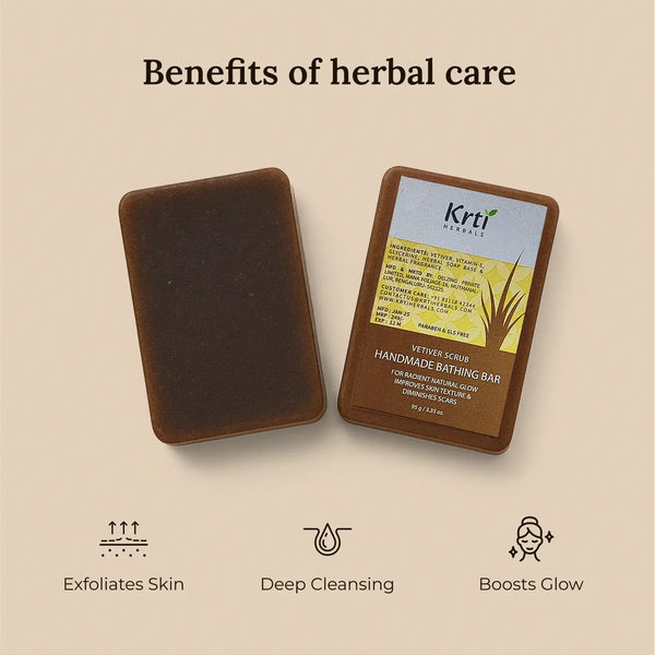 Benefits of Krti Herbals Vetiver Scrub Handmade Bathing Bar for exfoliating skin, improving texture, and refreshing the skin
