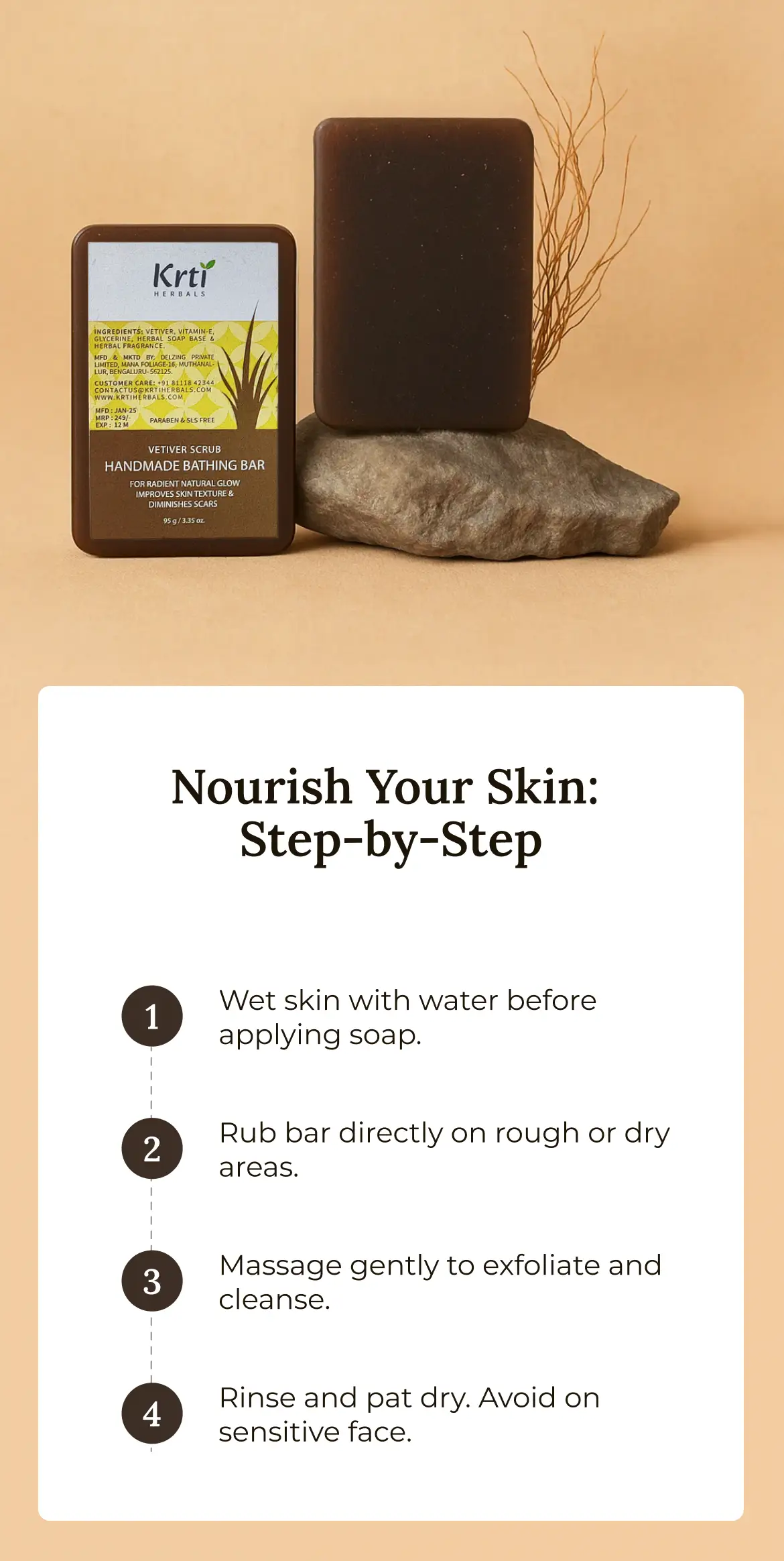 Step-by-step guide on using Krti Herbals Vetiver Scrub Handmade Bathing Bar for the best exfoliating results