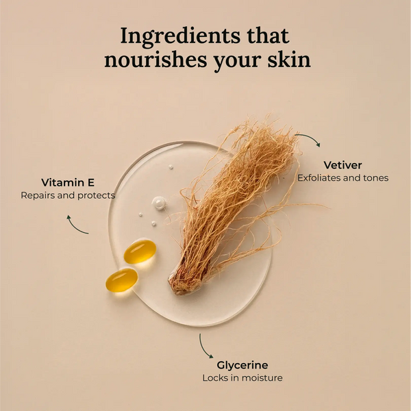Natural ingredients used in Krti Herbals Vetiver Scrub Handmade Bathing Bar such as Vetiver, Glycerine, and Herbal Fragrance