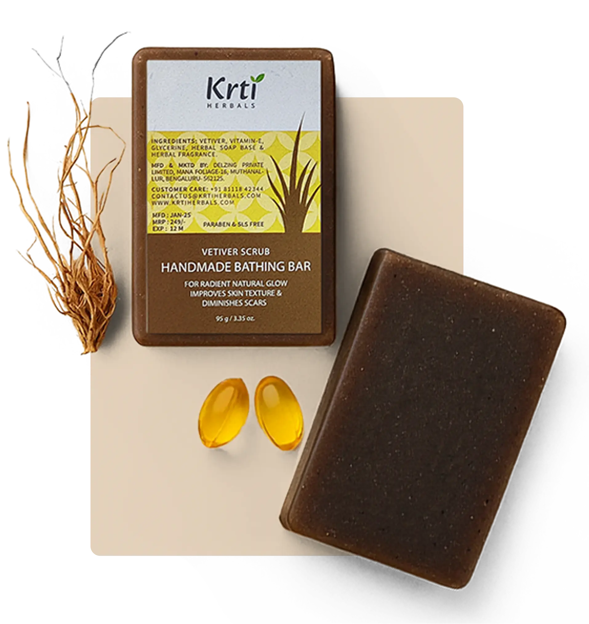 Benefits of Krti Herbals Vetiver Scrub Handmade Bathing Bar, including exfoliating skin, improving texture, and refreshing the skin