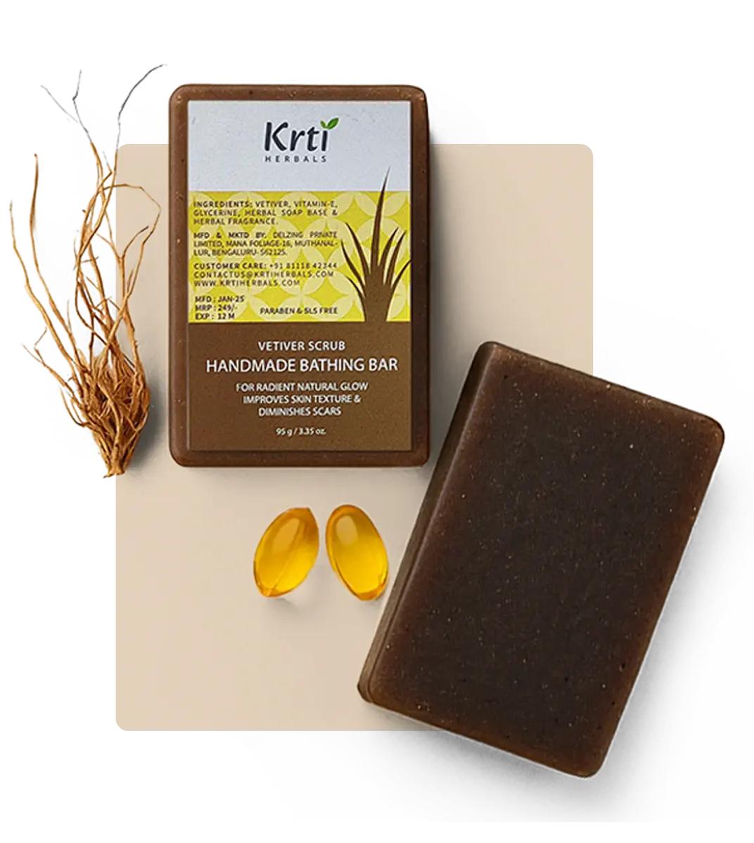 Benefits of Krti Herbals Vetiver Scrub Handmade Bathing Bar, including exfoliating skin, improving texture, and refreshing the skin