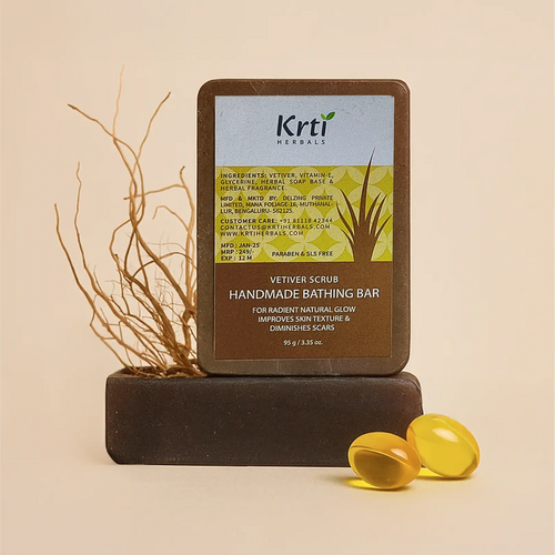 Front view of Krti Herbals Vetiver Scrub Handmade Bathing Bar showing packaging and label clearly